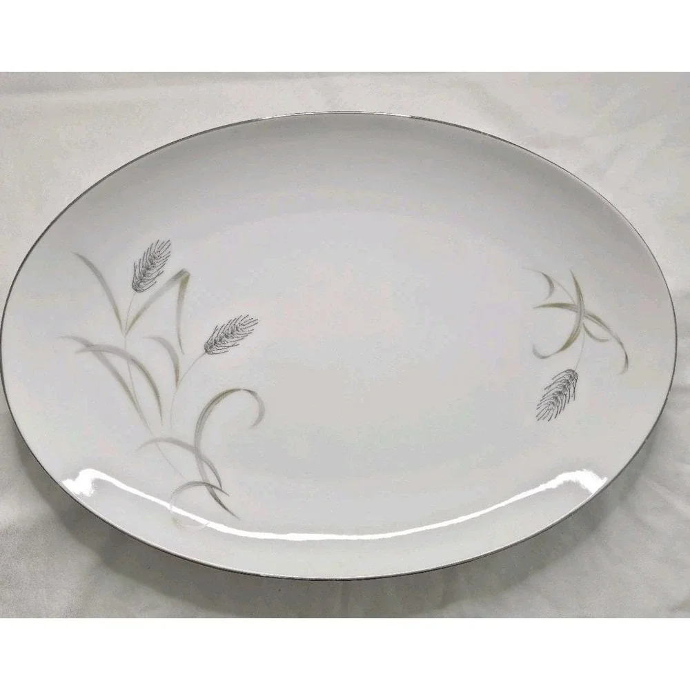Vtg Mid Century Harvest Wheat China Oval Serving Platter Platinium Trim Japan 14